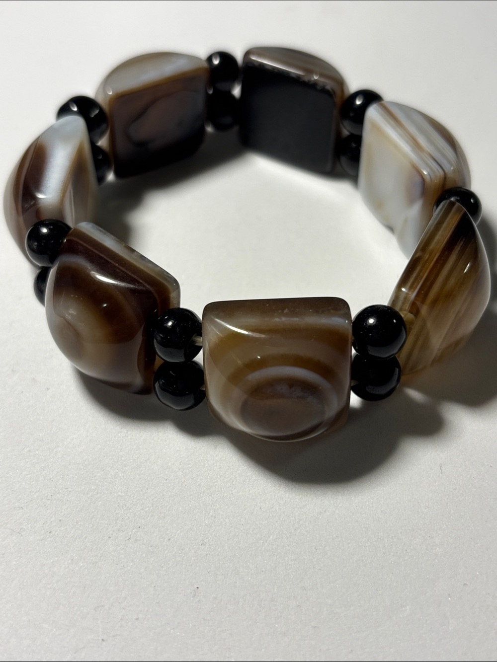 Brown Agate Stretch Bracelet with Black Accent Beads